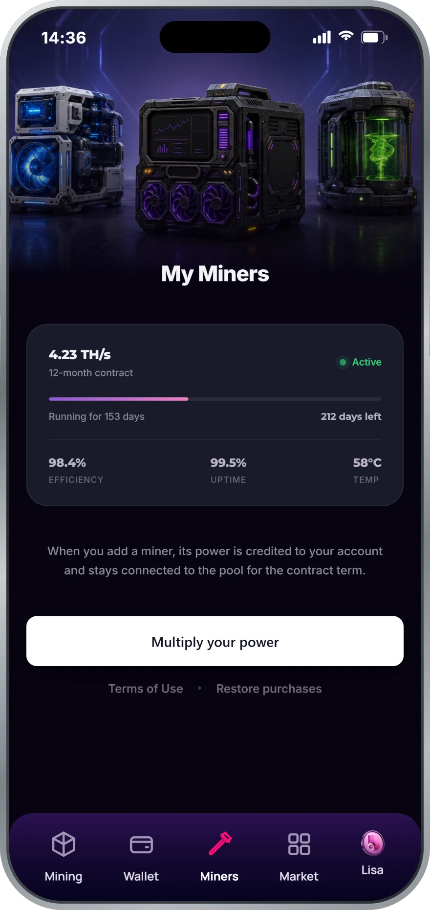 Your miners in the B99 Mining app